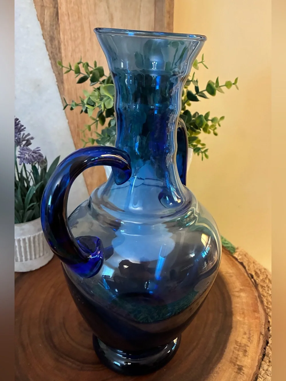 Vintage Cobalt Hand Crafted Double-Handled Blown Glass Vase